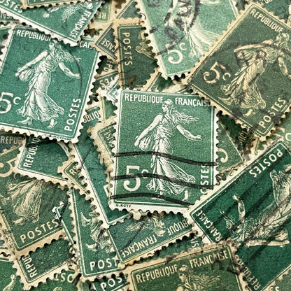 1900s - Lot of 30 Vintage French Postage Stamps – 5 cents - Green “Semeuse” – Early 20th Century Collectible Ephemera