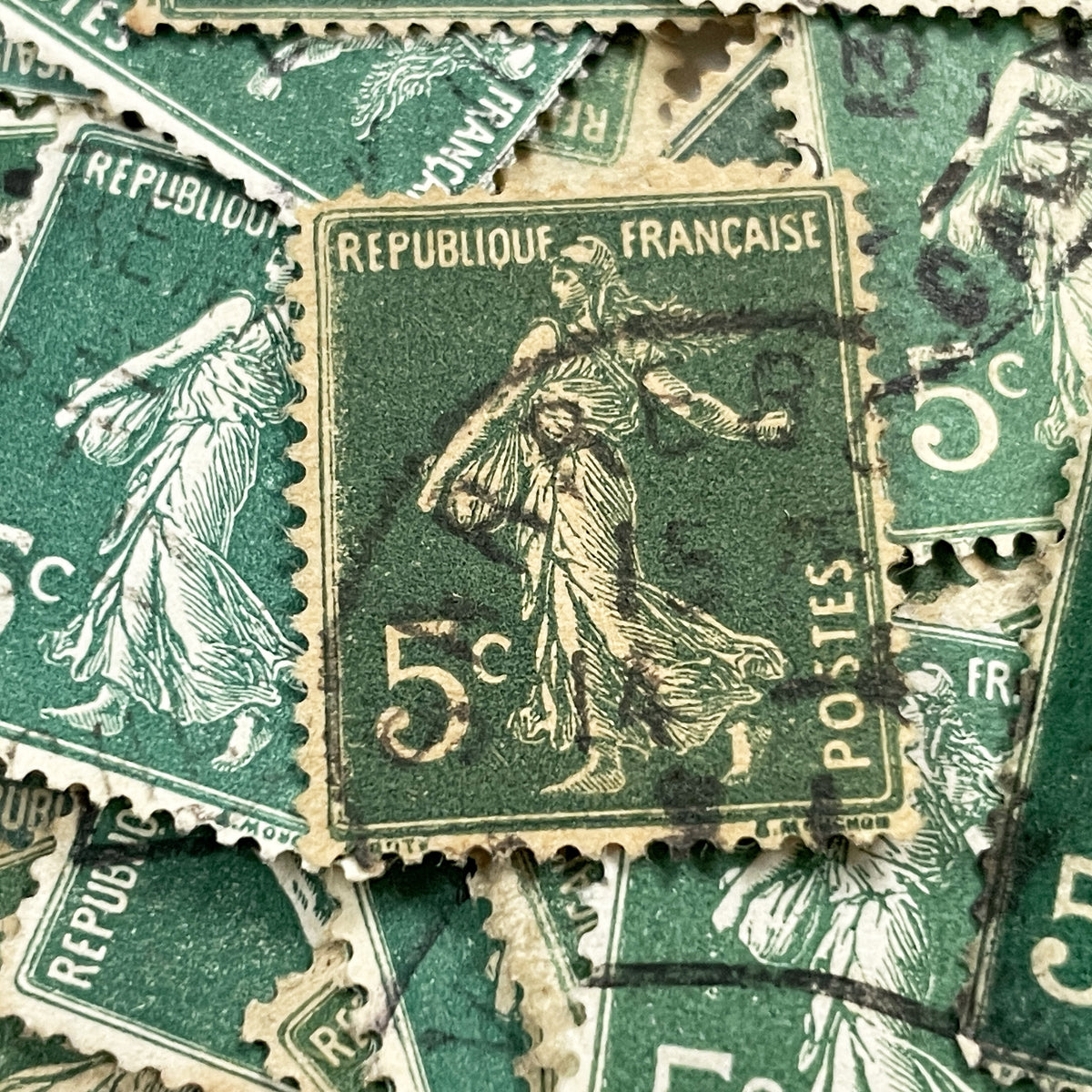 1900s - Lot of 30 Vintage French Postage Stamps – 5 cents - Green “Semeuse” – Early 20th Century Collectible Ephemera