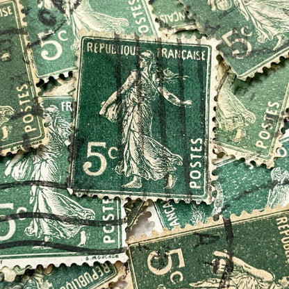 1900s - Lot of 30 Vintage French Postage Stamps – 5 cents - Green “Semeuse” – Early 20th Century Collectible Ephemera