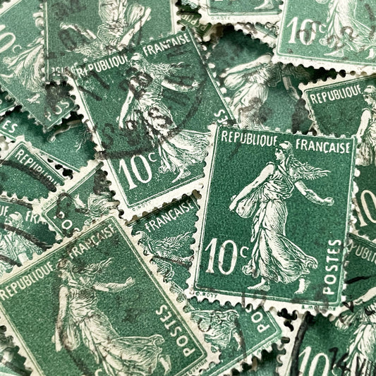 1920s - Lot of 30 Vintage French Postage Stamps – 10 cents - Green “Semeuse” – Early 20th Century Collectible Ephemera
