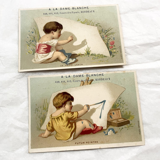 Late 19th - Antique French Advertising Trade Cards - Pair of Chromolithographs - Children Themes - Bordeaux Store Ephemera - Bognard Paris