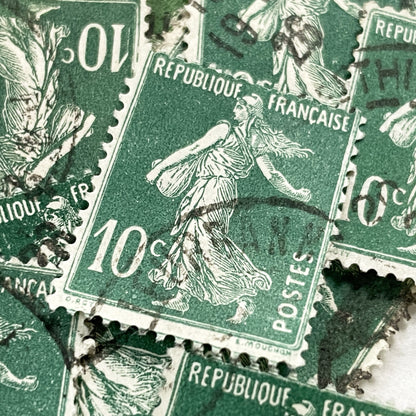 1920s - Lot of 30 Vintage French Postage Stamps – 10 cents - Green “Semeuse” – Early 20th Century Collectible Ephemera