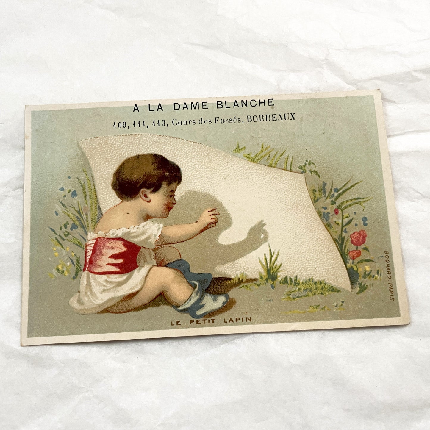 Late 19th - Antique French Advertising Trade Cards - Pair of Chromolithographs - Children Themes - Bordeaux Store Ephemera - Bognard Paris