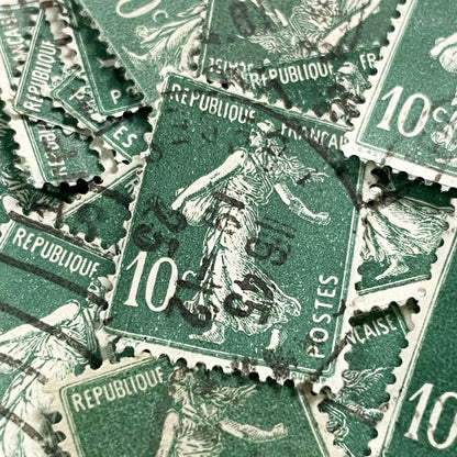 1920s - Lot of 30 Vintage French Postage Stamps – 10 cents - Green “Semeuse” – Early 20th Century Collectible Ephemera