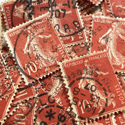 1910s - Lot of 30 Vintage French Postage Stamps – 10 cents - Brick Red “Semeuse” – Early 20th Century Collectible Ephemera