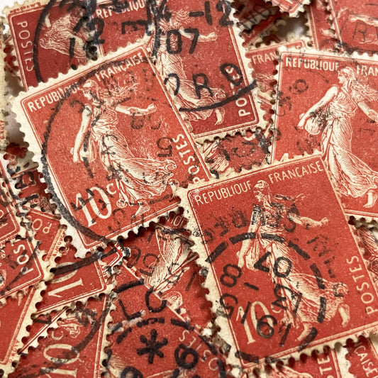 1910s - Lot of 30 Vintage French Postage Stamps – 10 cents - Brick Red “Semeuse” – Early 20th Century Collectible Ephemera