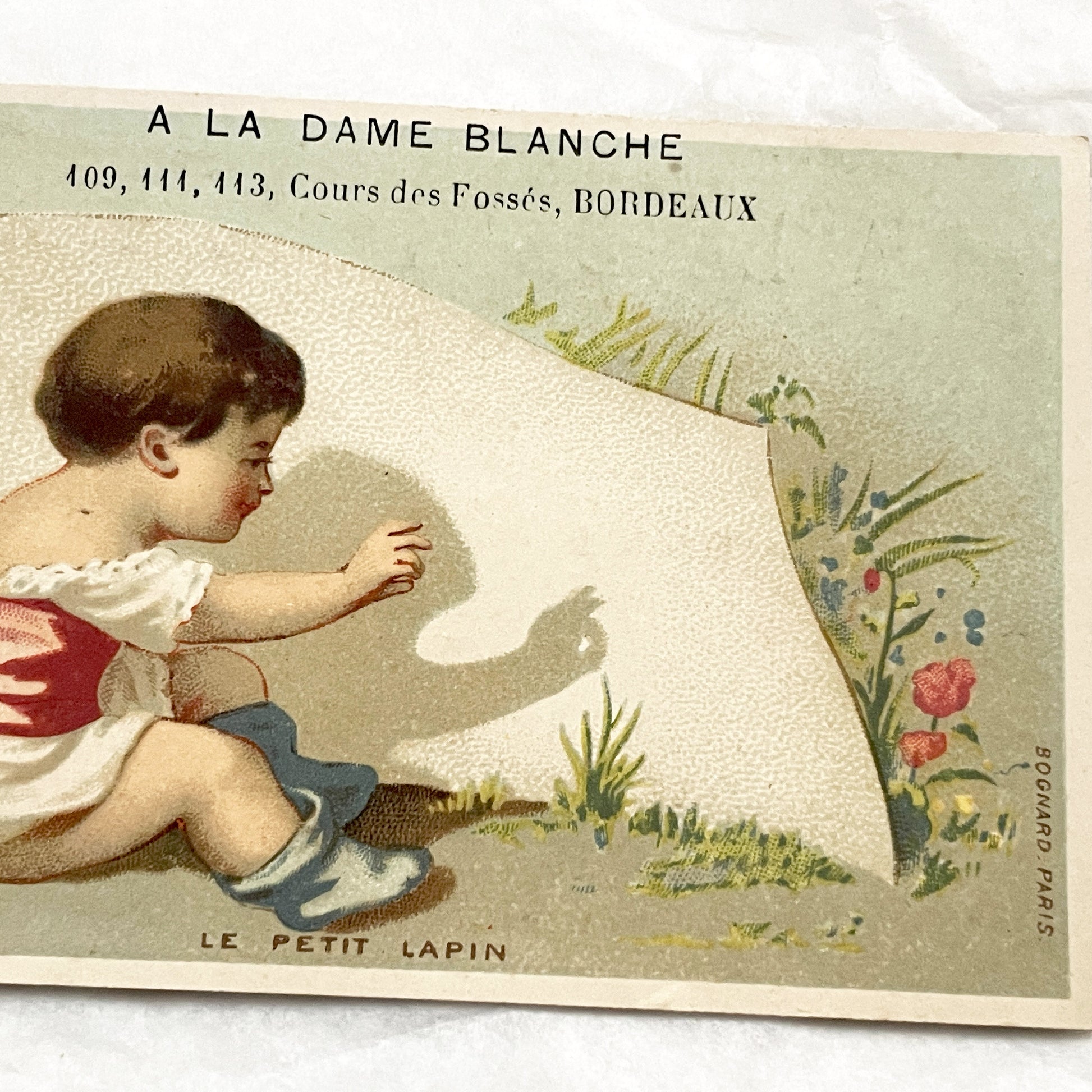 Late 19th - Antique French Advertising Trade Cards - Pair of Chromolithographs - Children Themes - Bordeaux Store Ephemera - Bognard Paris