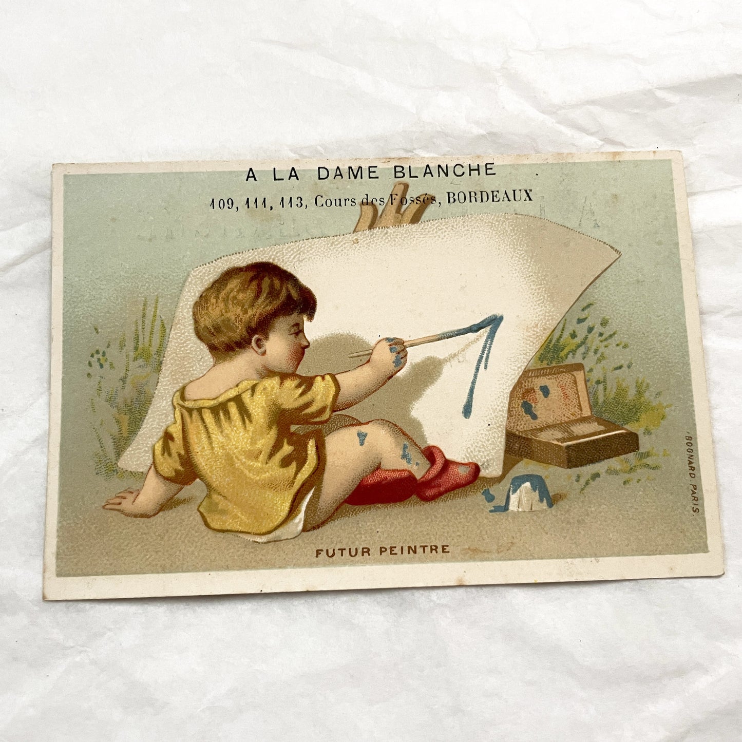 Late 19th - Antique French Advertising Trade Cards - Pair of Chromolithographs - Children Themes - Bordeaux Store Ephemera - Bognard Paris