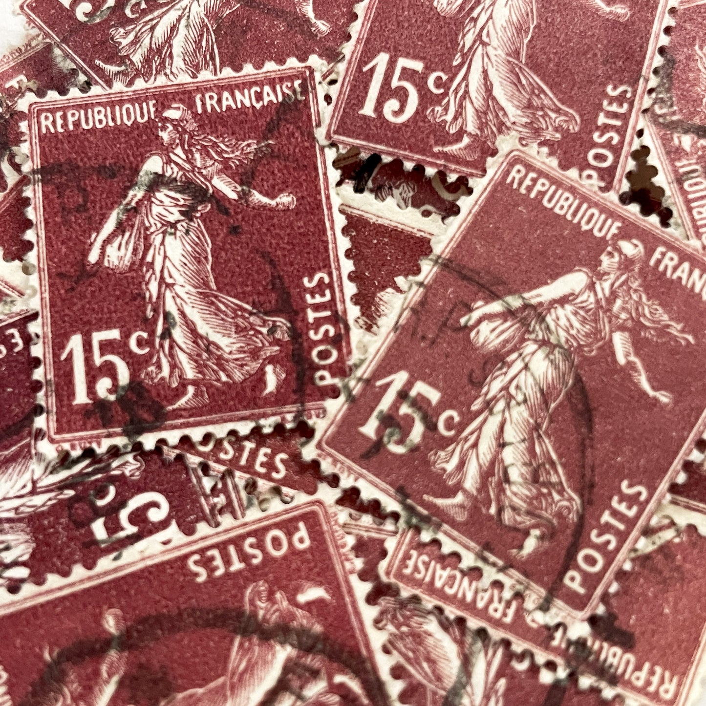 1920s - Lot of 30 Vintage French Postage Stamps – 15 cents - Brown “Semeuse” – Early 20th Century Collectible Ephemera