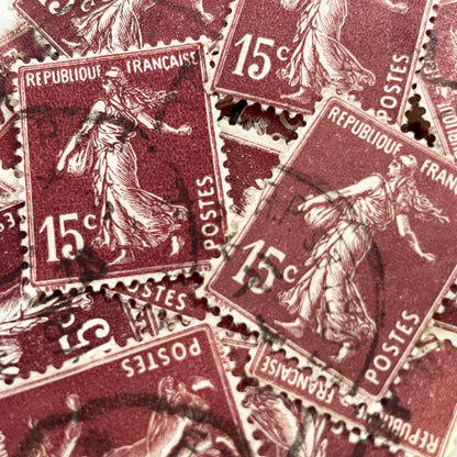 1920s - Lot of 30 Vintage French Postage Stamps – 15 cents - Brown “Semeuse” – Early 20th Century Collectible Ephemera