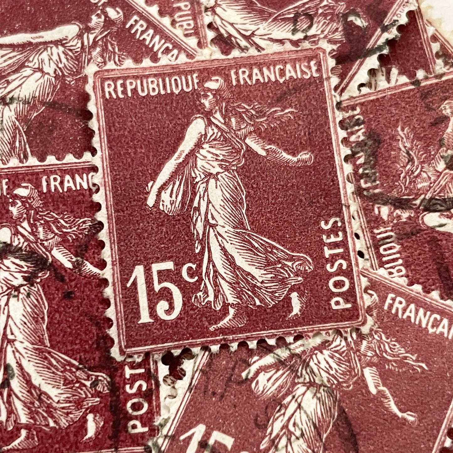 1920s - Lot of 30 Vintage French Postage Stamps – 15 cents - Brown “Semeuse” – Early 20th Century Collectible Ephemera