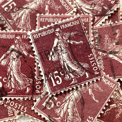 1920s - Lot of 30 Vintage French Postage Stamps – 15 cents - Brown “Semeuse” – Early 20th Century Collectible Ephemera