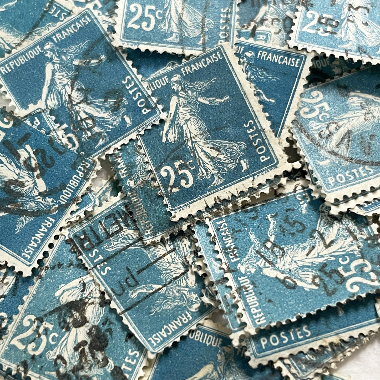 1920s - Lot of 30 Vintage French Postage Stamps – 25 cents - Blue “Semeuse” – Early 20th Century Collectible Ephemera