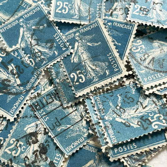 1920s - Lot of 30 Vintage French Postage Stamps – 25 cents - Blue “Semeuse” – Early 20th Century Collectible Ephemera