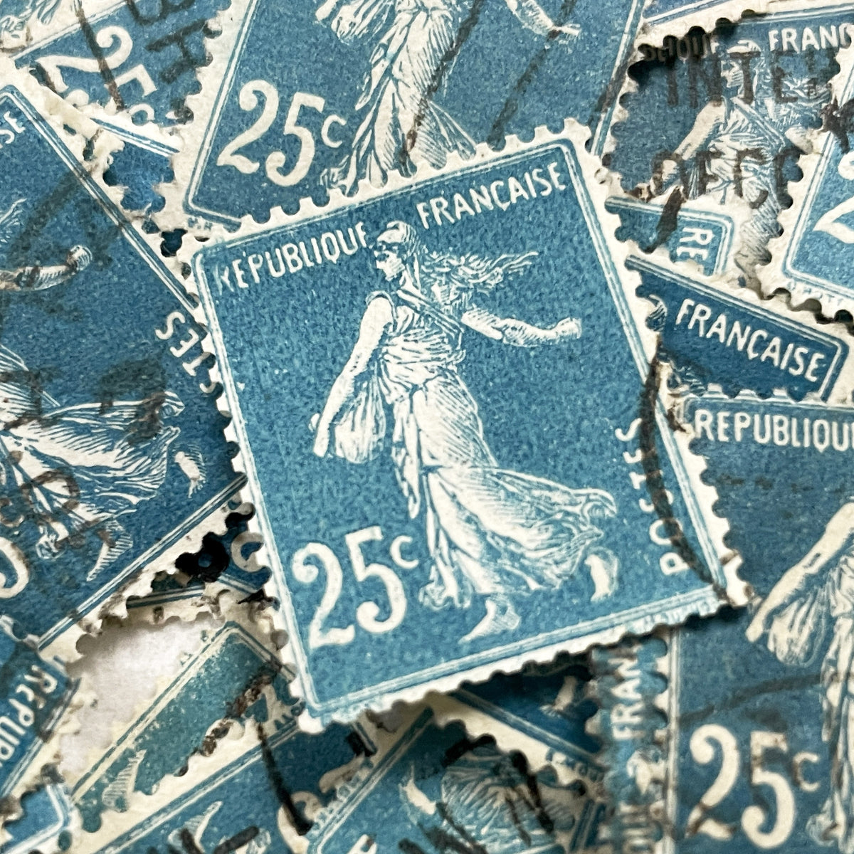1920s - Lot of 30 Vintage French Postage Stamps – 25 cents - Blue “Semeuse” – Early 20th Century Collectible Ephemera