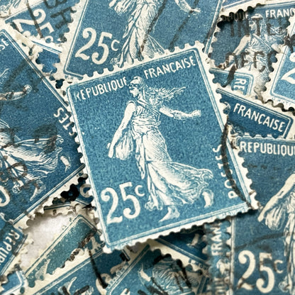 1920s - Lot of 30 Vintage French Postage Stamps – 25 cents - Blue “Semeuse” – Early 20th Century Collectible Ephemera