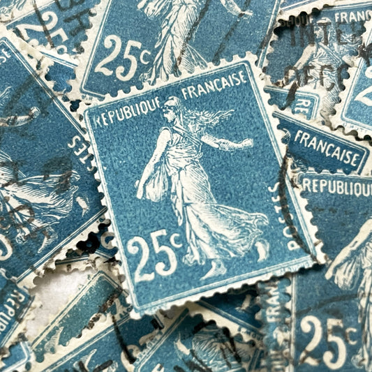 1920s - Lot of 30 Vintage French Postage Stamps – 25 cents - Blue “Semeuse” – Early 20th Century Collectible Ephemera