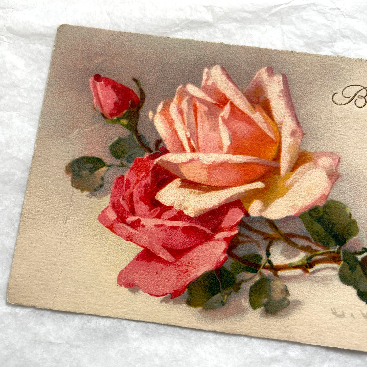 1910s French postcard with an illustration of pink and red roses and 'Bonne fête!' script.