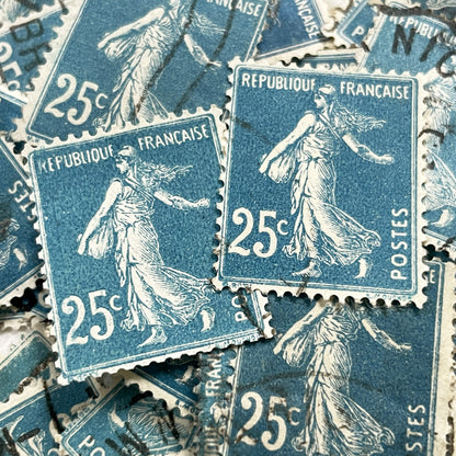1920s - Lot of 30 Vintage French Postage Stamps – 25 cents - Blue “Semeuse” – Early 20th Century Collectible Ephemera