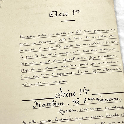 Late 19th - Antique French Play Script Manuscript - Vintage Handwritten Theatre Drama - Historic Literary Text from Late 19th Century