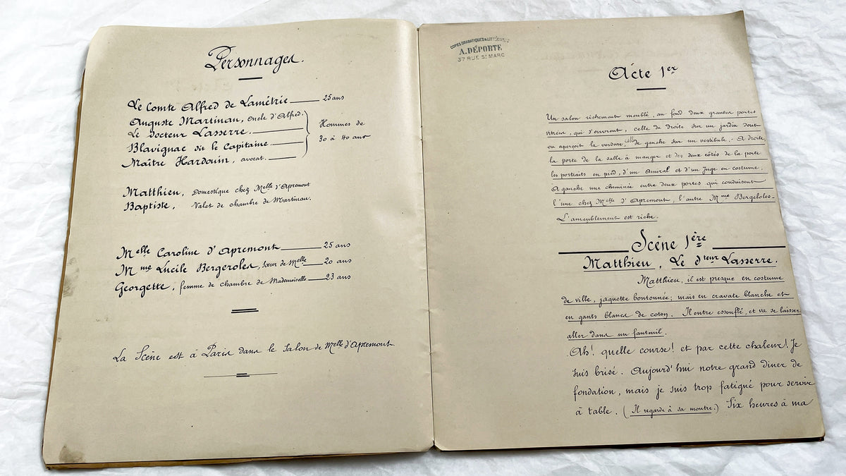 Late 19th - Antique French Play Script Manuscript - Vintage Handwritten Theatre Drama - Historic Literary Text from Late 19th Century