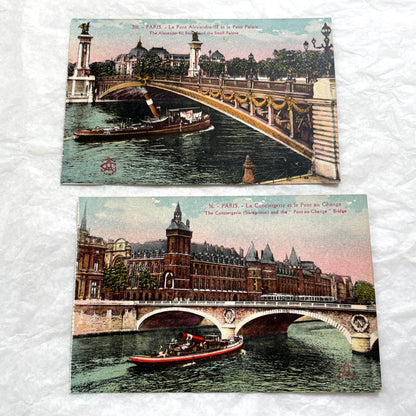 1900s vintage Paris postcards showing Pont Alexandre III and Conciergerie with boats on the Seine River.