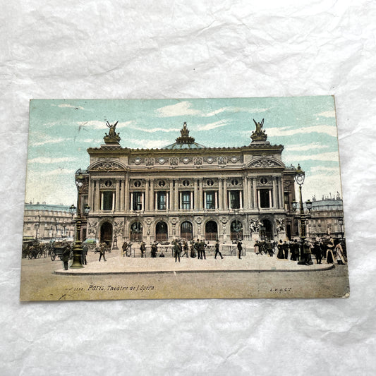 1900s postcard of the Paris Opéra Garnier, a grand opera house with people and carriages in the foreground.