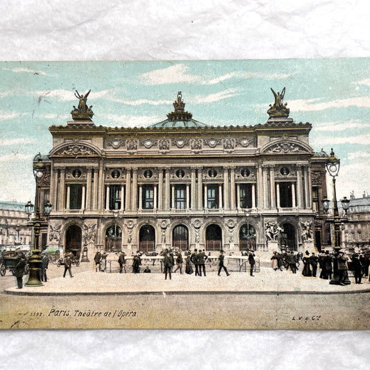 1900s postcard of the Paris Opéra Garnier, a grand opera house with people and carriages in the foreground.