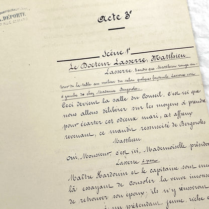 Late 19th - Vintage 31 pages French Play Manuscript - Original Handwritten Theatrical Script - Antique Performing Arts Document