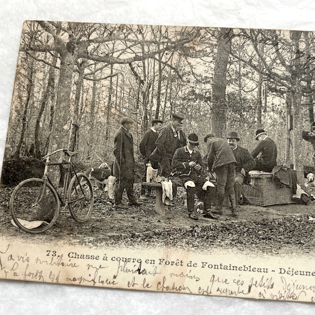 1900s French postcard showing huntsmen and a vintage bicycle having a picnic in Fontainebleau Forest.