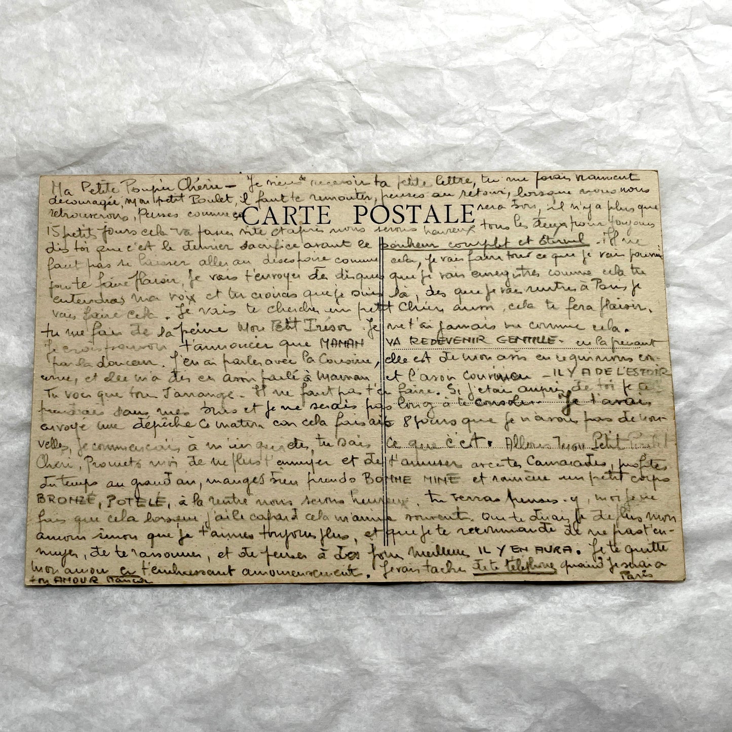 1910s French handwritten postcard with affectionate message, vintage personal correspondence ephemera.