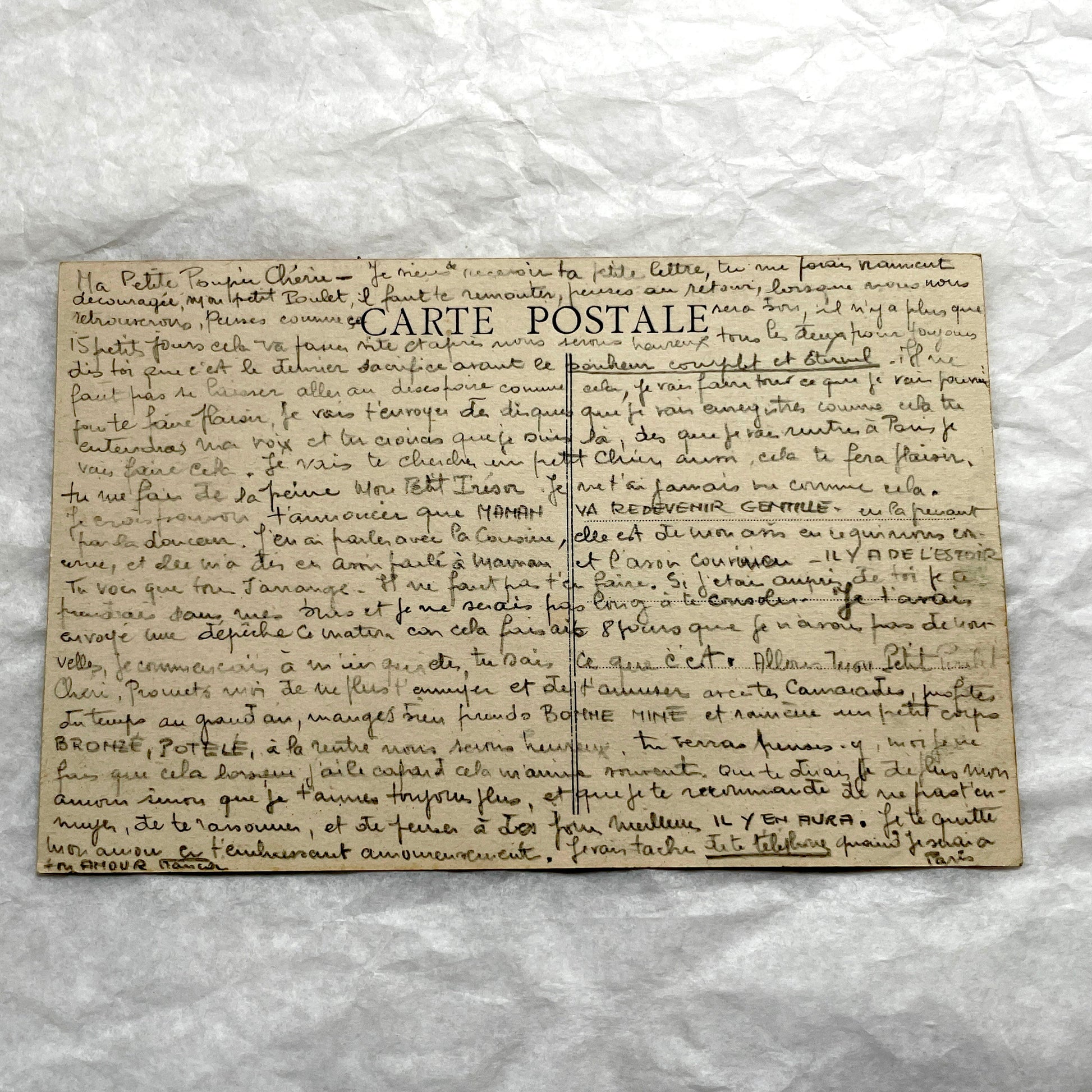 1910s French handwritten postcard with affectionate message, vintage personal correspondence ephemera.