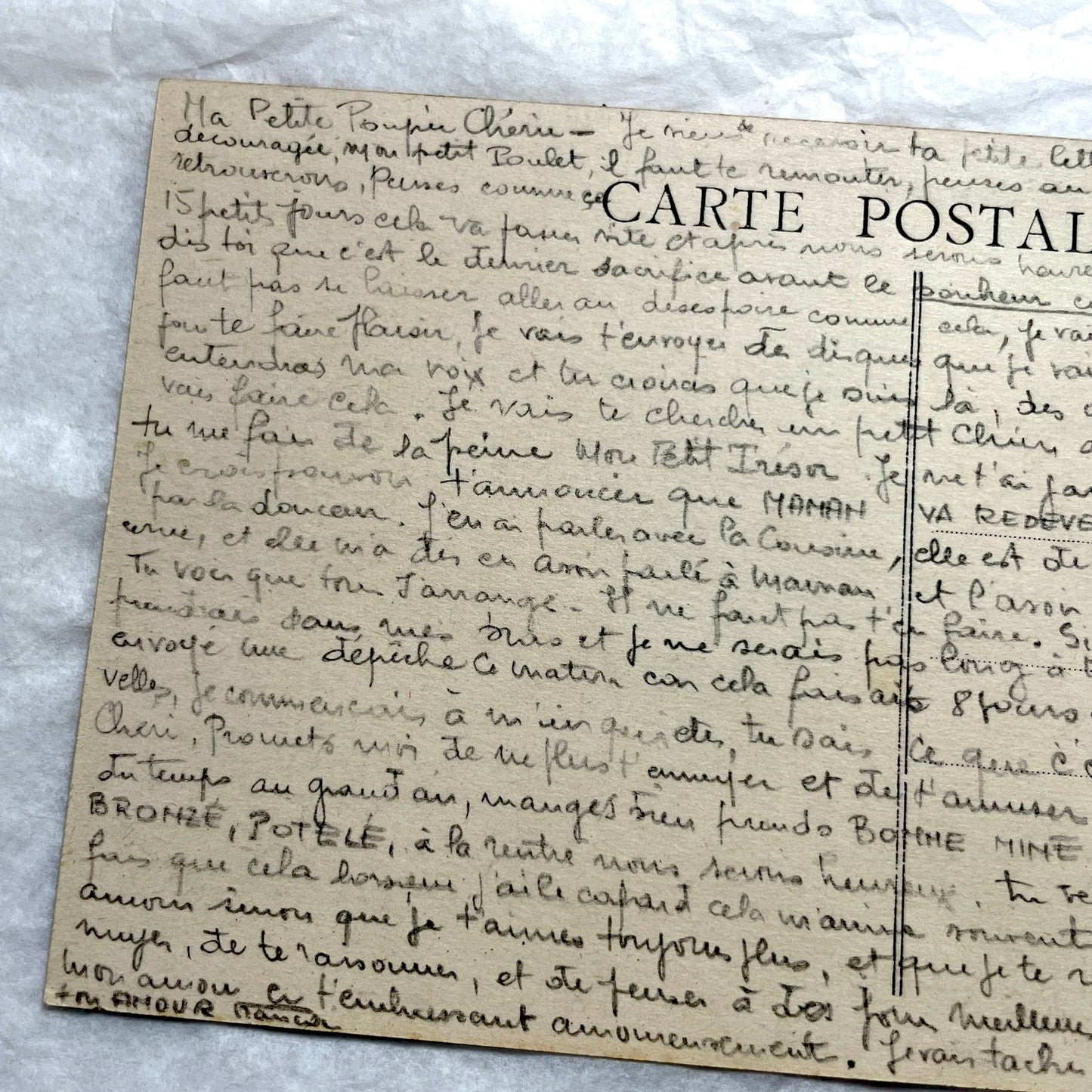1910s French handwritten postcard with affectionate message, vintage personal correspondence ephemera.