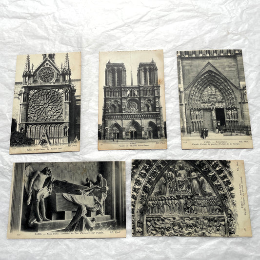 1910s lot of 5 French vintage postcards featuring Notre-Dame de Paris cathedral architecture and sculptures.