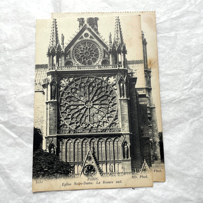 1910s lot of 5 French vintage postcards featuring Notre-Dame de Paris cathedral architecture and sculptures.