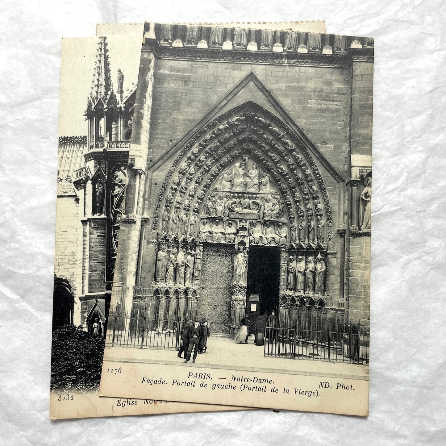 1910s lot of 5 French vintage postcards featuring Notre-Dame de Paris cathedral architecture and sculptures.