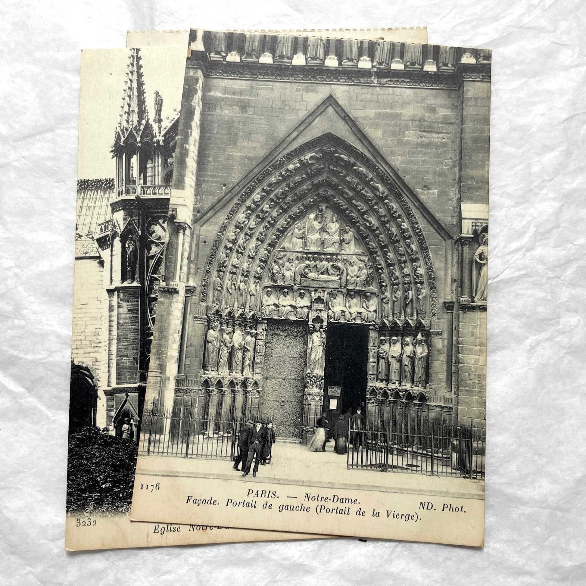 1910s lot of 5 French vintage postcards featuring Notre-Dame de Paris cathedral architecture and sculptures.