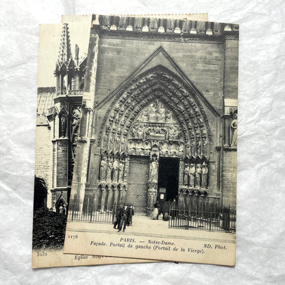 1910s lot of 5 French vintage postcards featuring Notre-Dame de Paris cathedral architecture and sculptures.