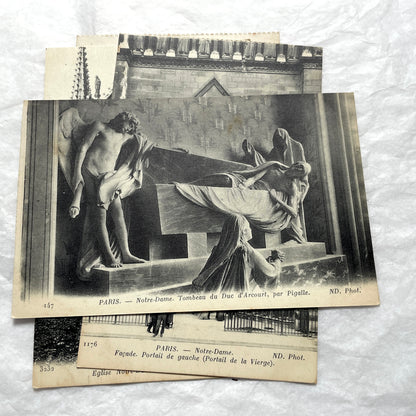 1910s lot of 5 French vintage postcards featuring Notre-Dame de Paris cathedral architecture and sculptures.