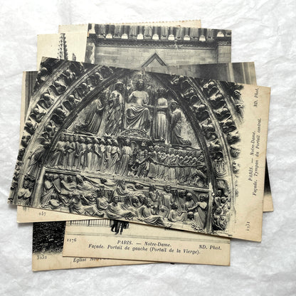 1910s lot of 5 French vintage postcards featuring Notre-Dame de Paris cathedral architecture and sculptures.