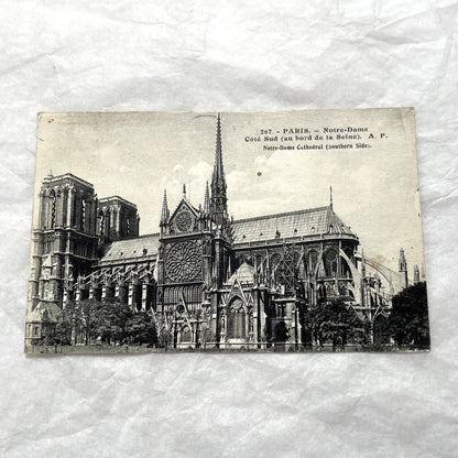 Lot of five 1910s vintage French postcards featuring various architectural details of Notre Dame Cathedral in Paris.