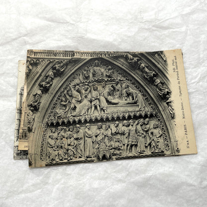 Lot of five 1910s vintage French postcards featuring various architectural details of Notre Dame Cathedral in Paris.