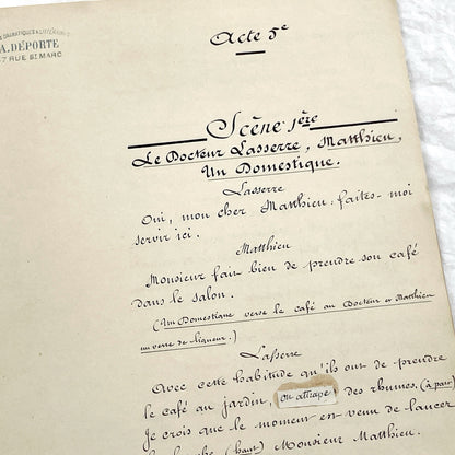 Late 19th - Original 21 pages Handwritten French Theatrical Play Script - Vintage Drama - Historical Manuscript - Theater Collectible