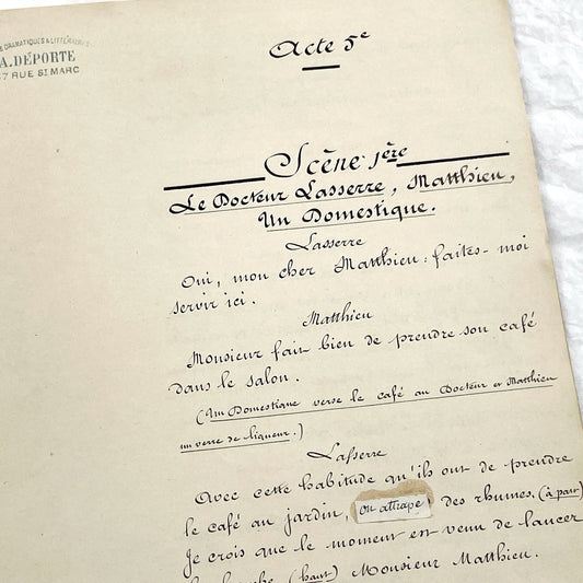 Late 19th - Original 21 pages Handwritten French Theatrical Play Script - Vintage Drama - Historical Manuscript - Theater Collectible