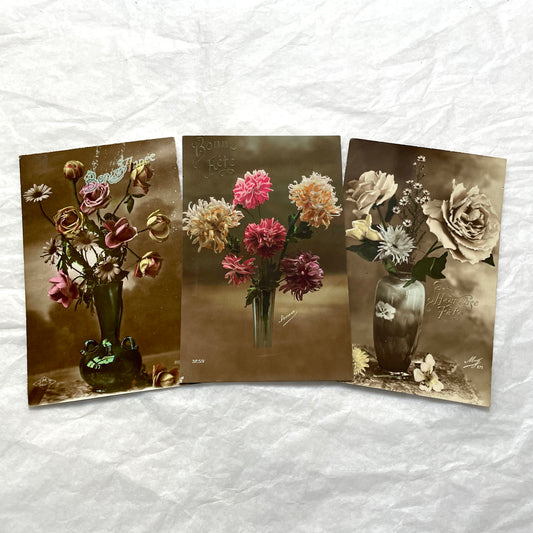 1910s French postcard lot with hand-colored floral bouquets in vases, featuring vintage 'Bonne Année' greetings.