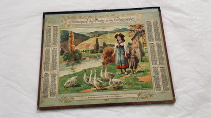 1920s - Vintage French Postal & Telegraph Almanac Illustrated Alsatian Scene with Geese - Historical Folk Culture Document